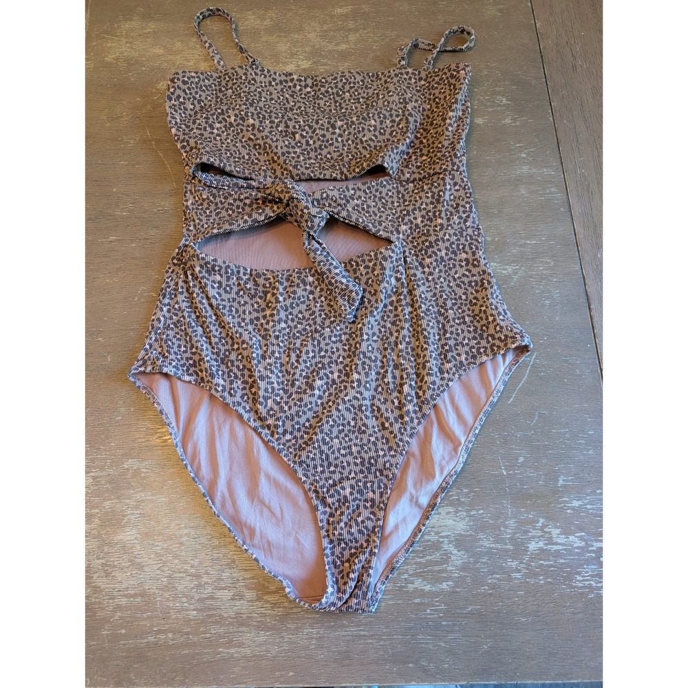 Aerie Leopard Print Ribbed Cutout Tie Front One Piece Swimsuit XL Long Neutral